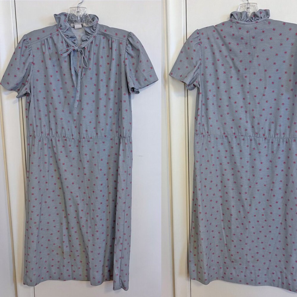 Vintage Gray Ruffle Tie Neck Dress Size Small